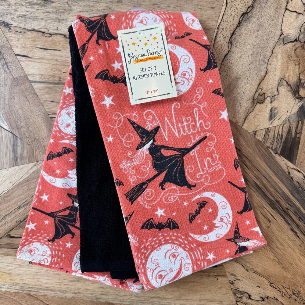 Johanna Parker Halloween Kitchen Towels Set of 3 Witch Is In Orange Black NWT